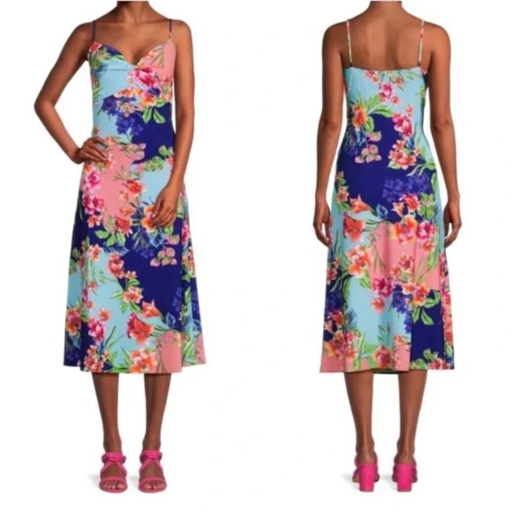 Guess Multicolor Floral Spaghetti Strap Built in Bra Midi Dress - SZ 12   NEW